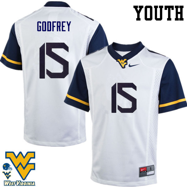Youth #15 Eli Godfrey West Virginia Mountaineers College Football Jerseys-White - Click Image to Close